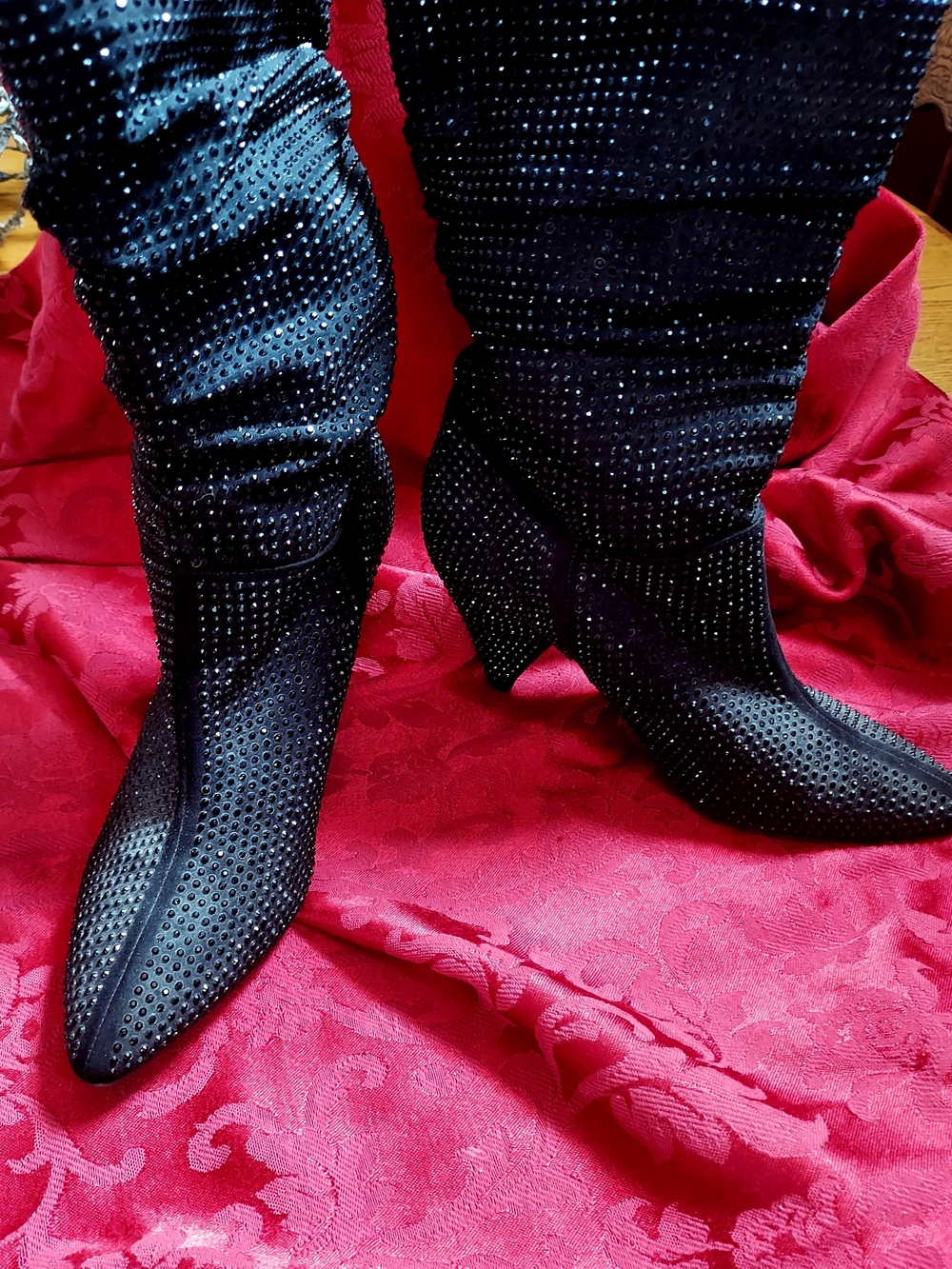 Cache Black Crystal-Embellished Pointed-Toe Slouch Boots